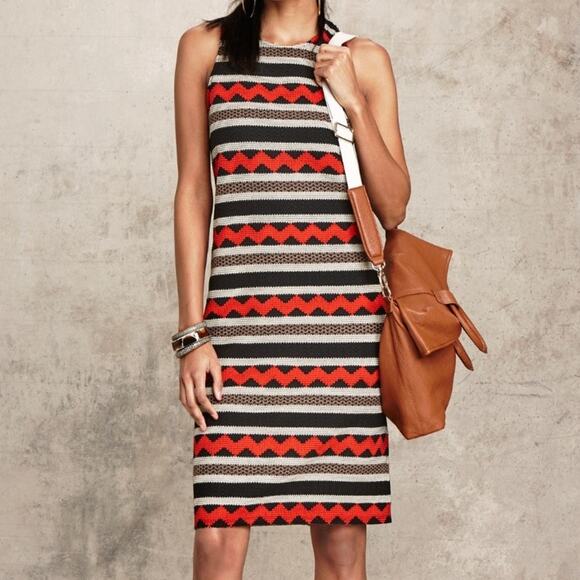 Worth New York Orange & Tan Stripe Crochet Knit Sleeveless Pencil Sheath Dress - Picture 1 of 11